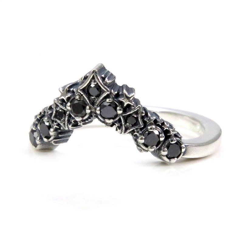 Black Diamond Stardust Chevron Wedding Band - Sterling Silver Boho Stacking Ring