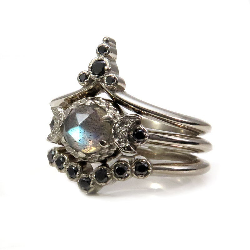 Black Moon Temple Engagement Ring Set - Rose Cut Labradorite with Black Diamond Stacking Wedding Bands