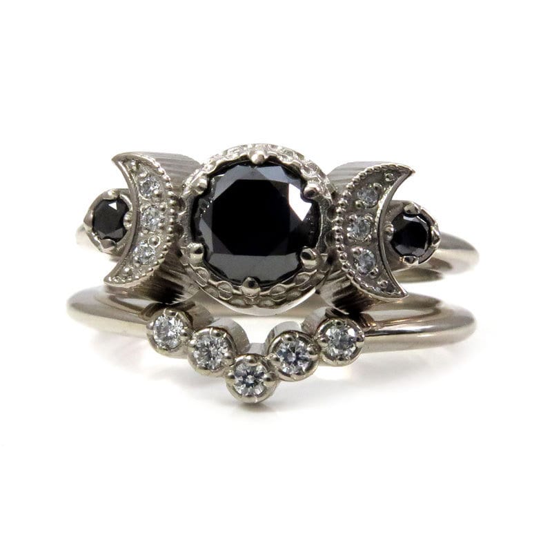 Hecate Moon Engagement Ring Set - Black and White Diamonds - 14k Palladium White Gold - Gothic Celestial Jewelry
