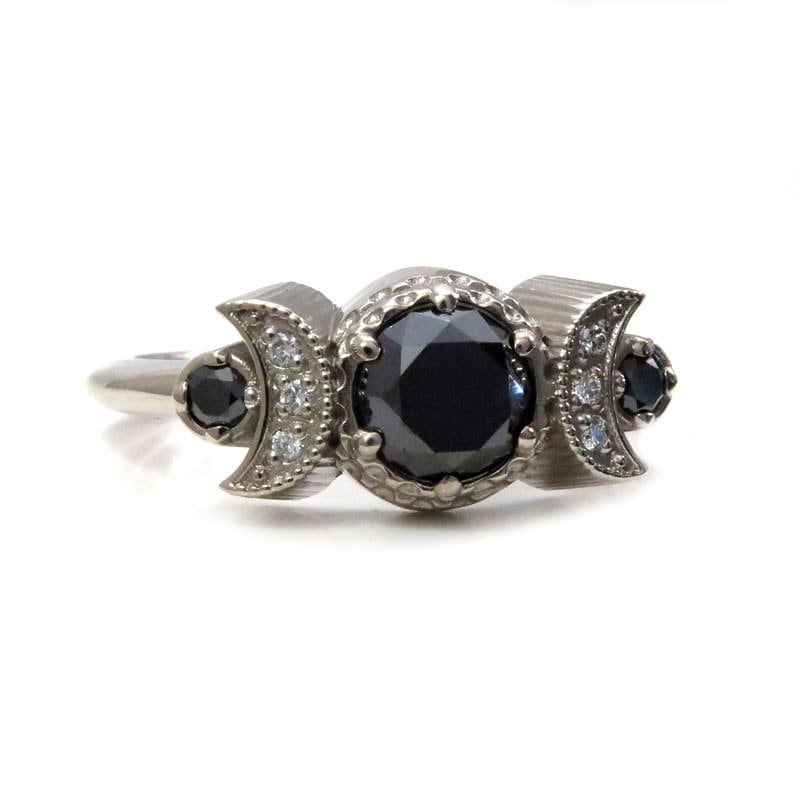 Hecate Moon Engagement Ring, Black & White Diamonds, 14k Palladium White Gold, Gothic Witchy Bohemian Jewelry, Black Diamond Wedding Ring