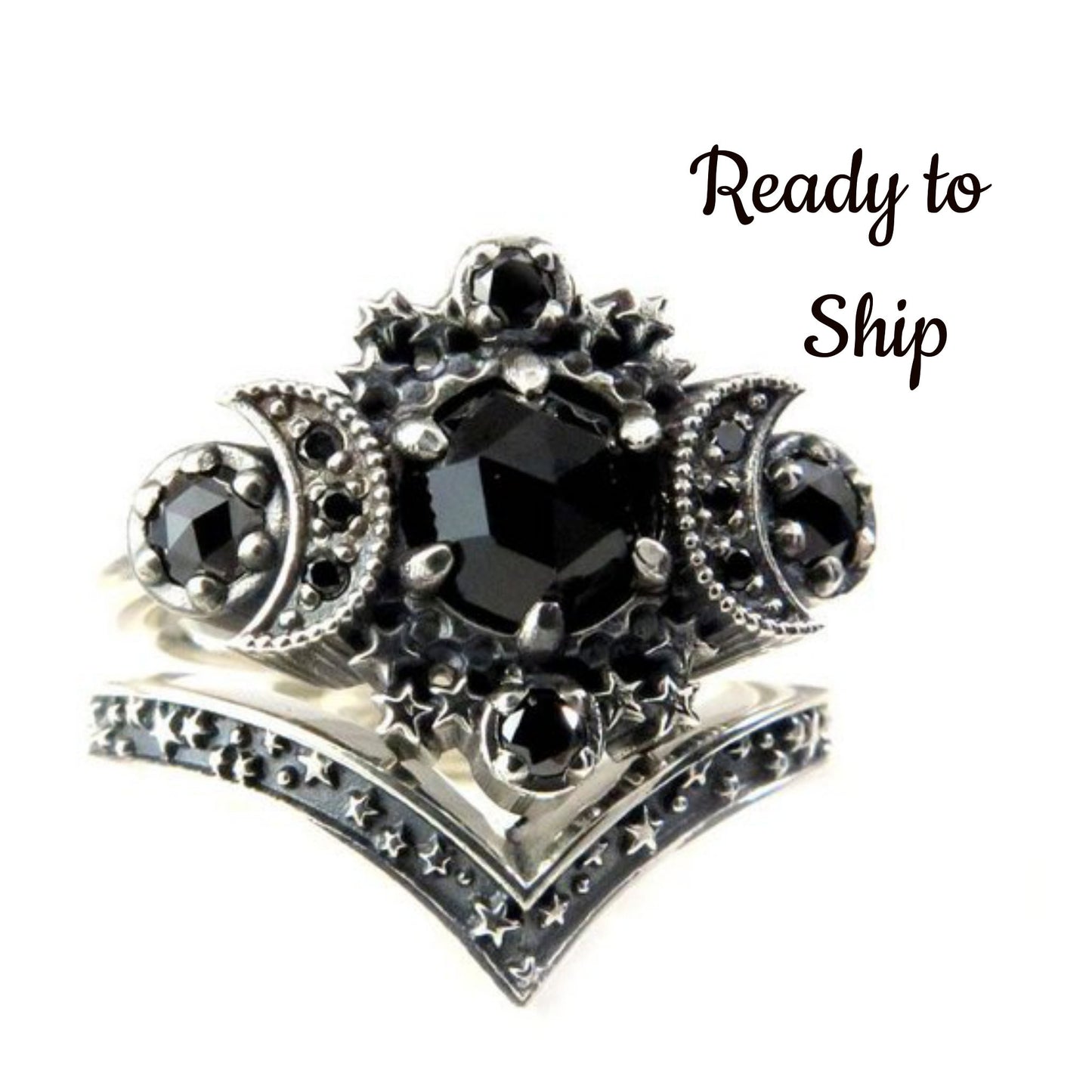 Load image into Gallery viewer, Ready to Ship Size 5 - 10 - Gothic Cosmos Moon Engagement Ring Set Silver Moon and Stardust Chevron Wedding Band
