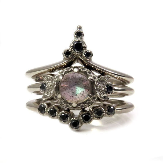 Black Moon Temple Engagement Ring Set - Rose Cut Labradorite with Black Diamond Stacking Wedding Bands