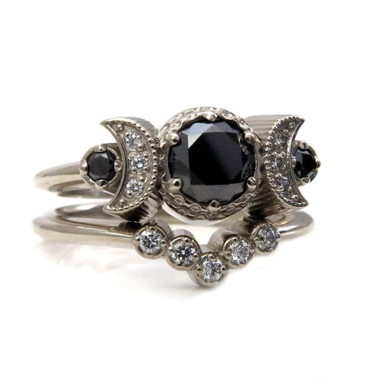 Hecate Moon Engagement Ring Set - Black and White Diamonds - 14k Palladium White Gold - Gothic Celestial Jewelry