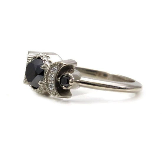 Hecate Moon Engagement Ring, Black & White Diamonds, 14k Palladium White Gold, Gothic Witchy Bohemian Jewelry, Black Diamond Wedding Ring