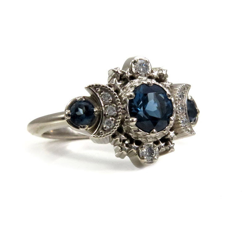 London Blue Topaz and Diamond Cosmos Engagement Ring - Triple Moon Goddess White Gold Jewelry