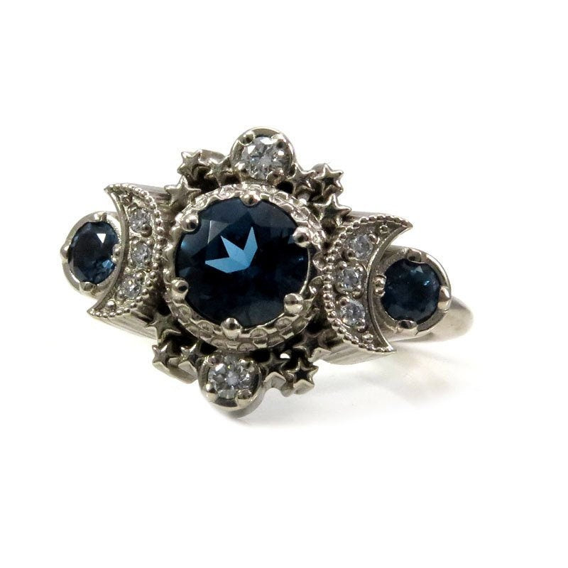 London Blue Topaz and Diamond Cosmos Engagement Ring - Triple Moon Goddess White Gold Jewelry
