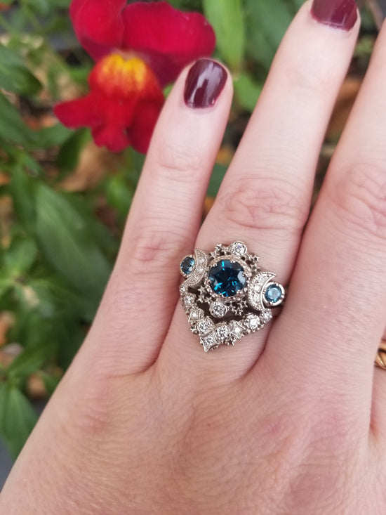 London Blue Topaz and Diamond Cosmos Engagement Ring Set - Moon Engagement Ring with Stardust Wedding Band