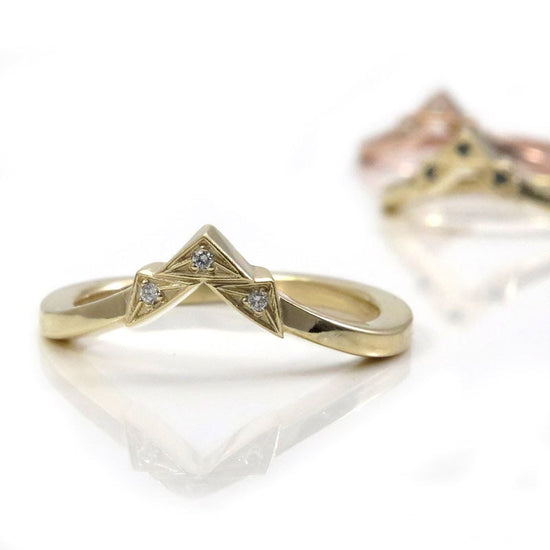Art Deco Tiny Diamond Chevron Pointed Gold Wedding Band - Rose, Yellow or Palladium White Gold