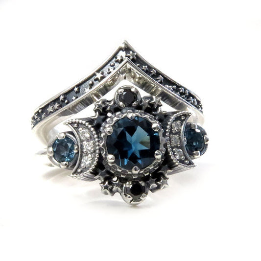 London Blue Topaz Cosmos Moon Engagement Ring Set Triple Moon Goddess Silver Ring with Stardust Chevron Wedding Band