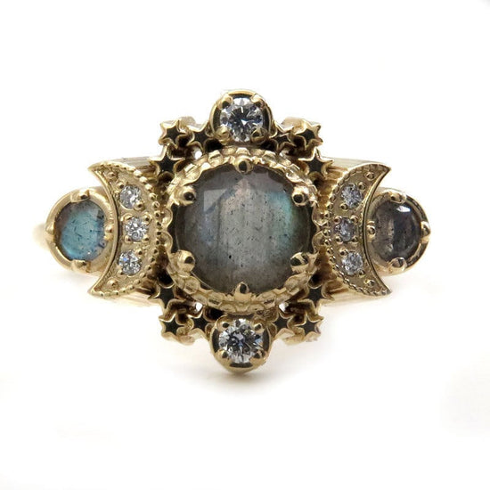 Labradorite & Diamond Cosmos Moon Engagement Ring - Gold Fine Bohemian Jewelry