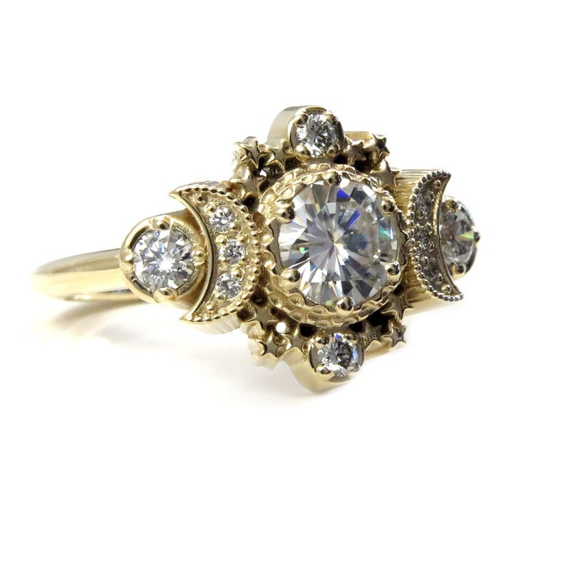 Load image into Gallery viewer, Engagement Ring Old European Cut Moissanite &amp;amp; Diamond Cosmos Moon and Stars  - Unique Unusual Handmade - 14k Gold - Ethical Wedding Ring
