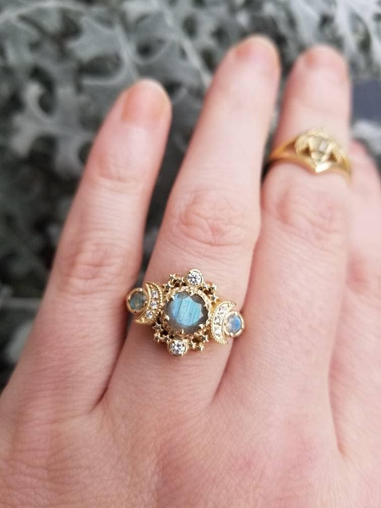 Labradorite & Diamond Cosmos Moon Engagement Ring - Gold Fine Bohemian Jewelry
