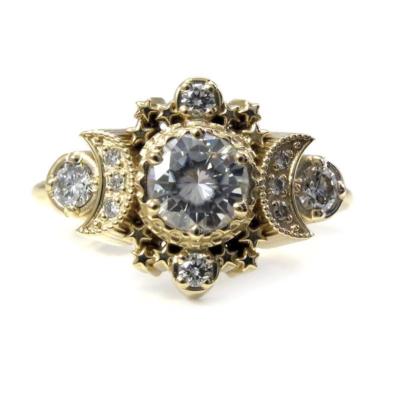 Engagement Ring Old European Cut Moissanite & Diamond Cosmos Moon and Stars  - Unique Unusual Handmade - 14k Gold - Ethical Wedding Ring