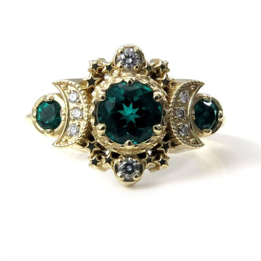 Chatham Emerald & Diamond Cosmos Moon Engagement Ring - Rose, Yellow or Palladium White Gold - Boho Moon Phase Jewelry