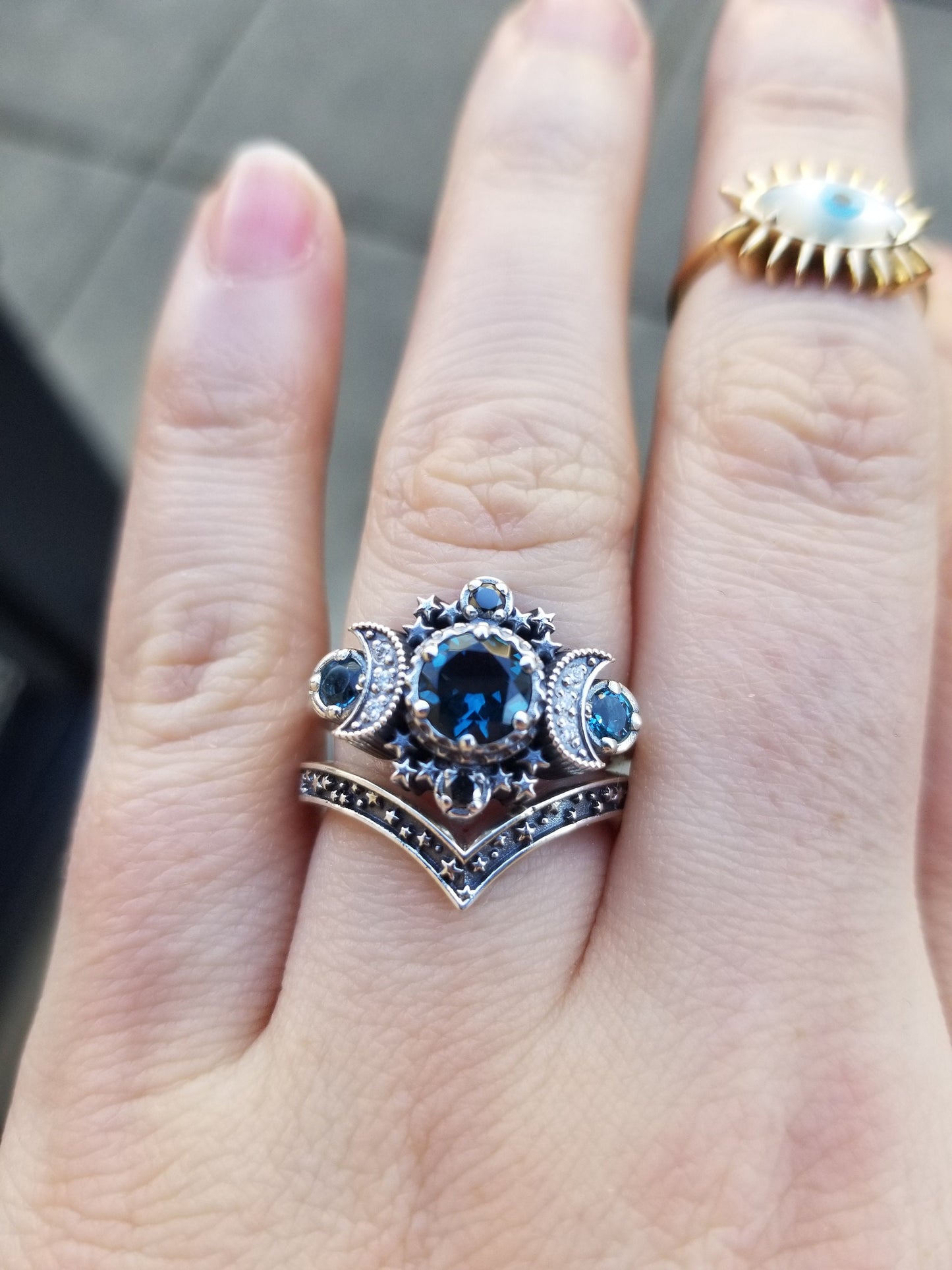 London Blue Topaz Cosmos Moon Engagement Ring Set Triple Moon Goddess Silver Ring with Stardust Chevron Wedding Band