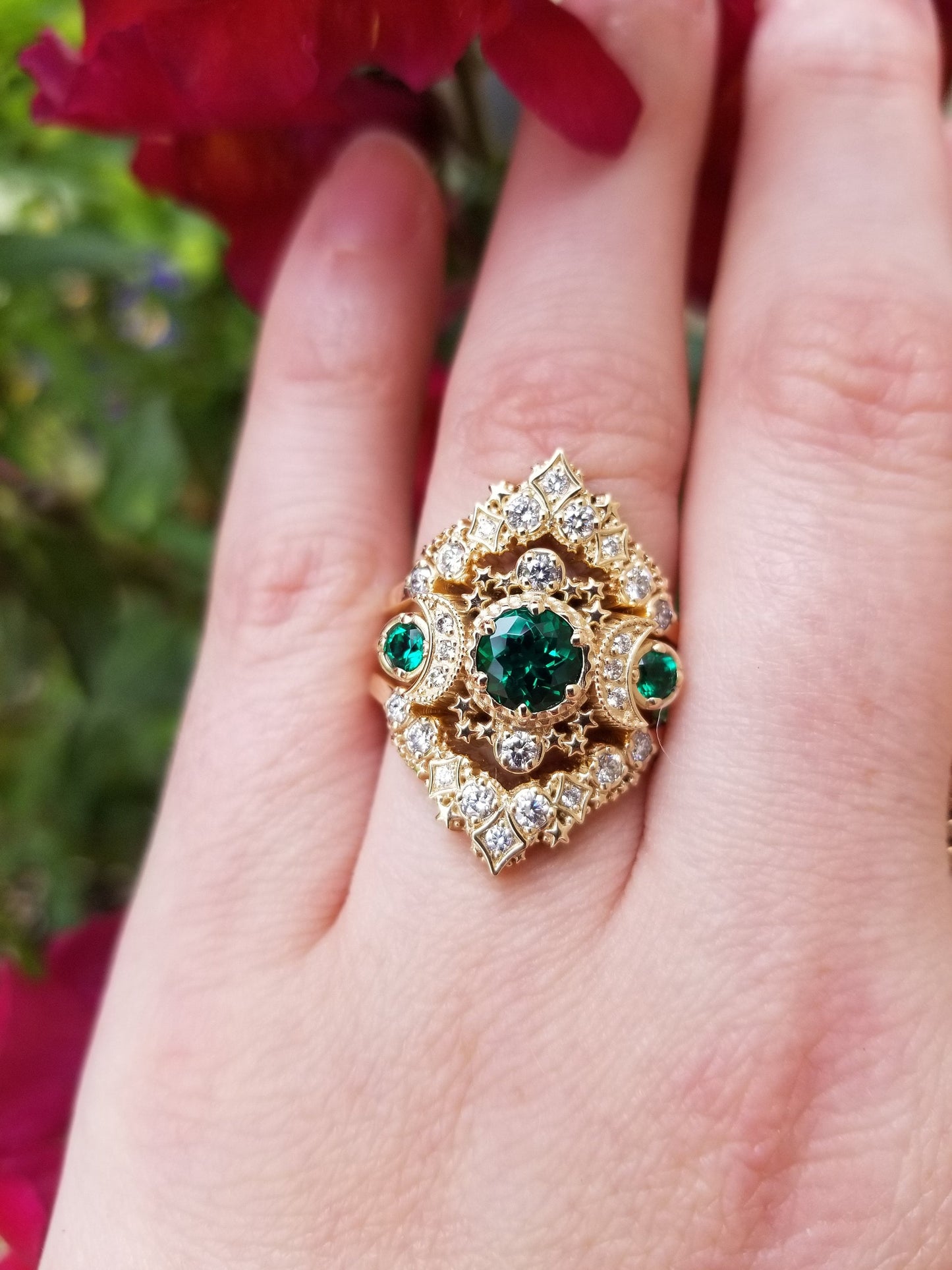 Load image into Gallery viewer, Cosmos Stardust Engagement Ring Set - Chatham Emeralds &amp;amp; Diamonds Moon Wedding Set - 14k Palladium White Gold, Rose Gold or Yellow Gold
