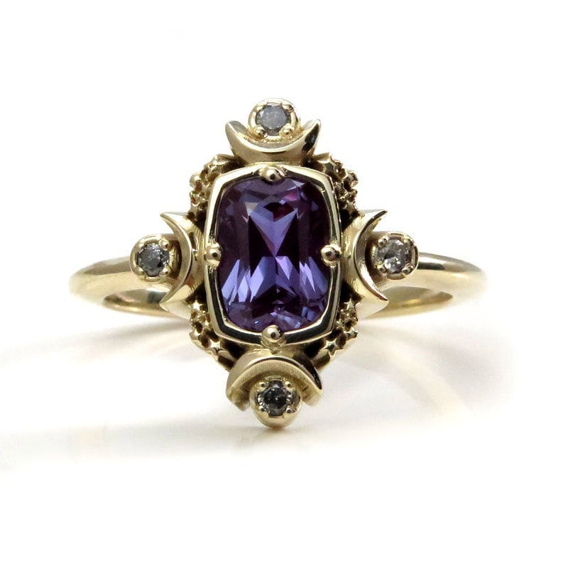 Load image into Gallery viewer, Artemis Moon Engagement Ring with Chatham Alexandrite Cushion and Salt &amp;amp; Pepper Diamonds - Goddess Engagement
