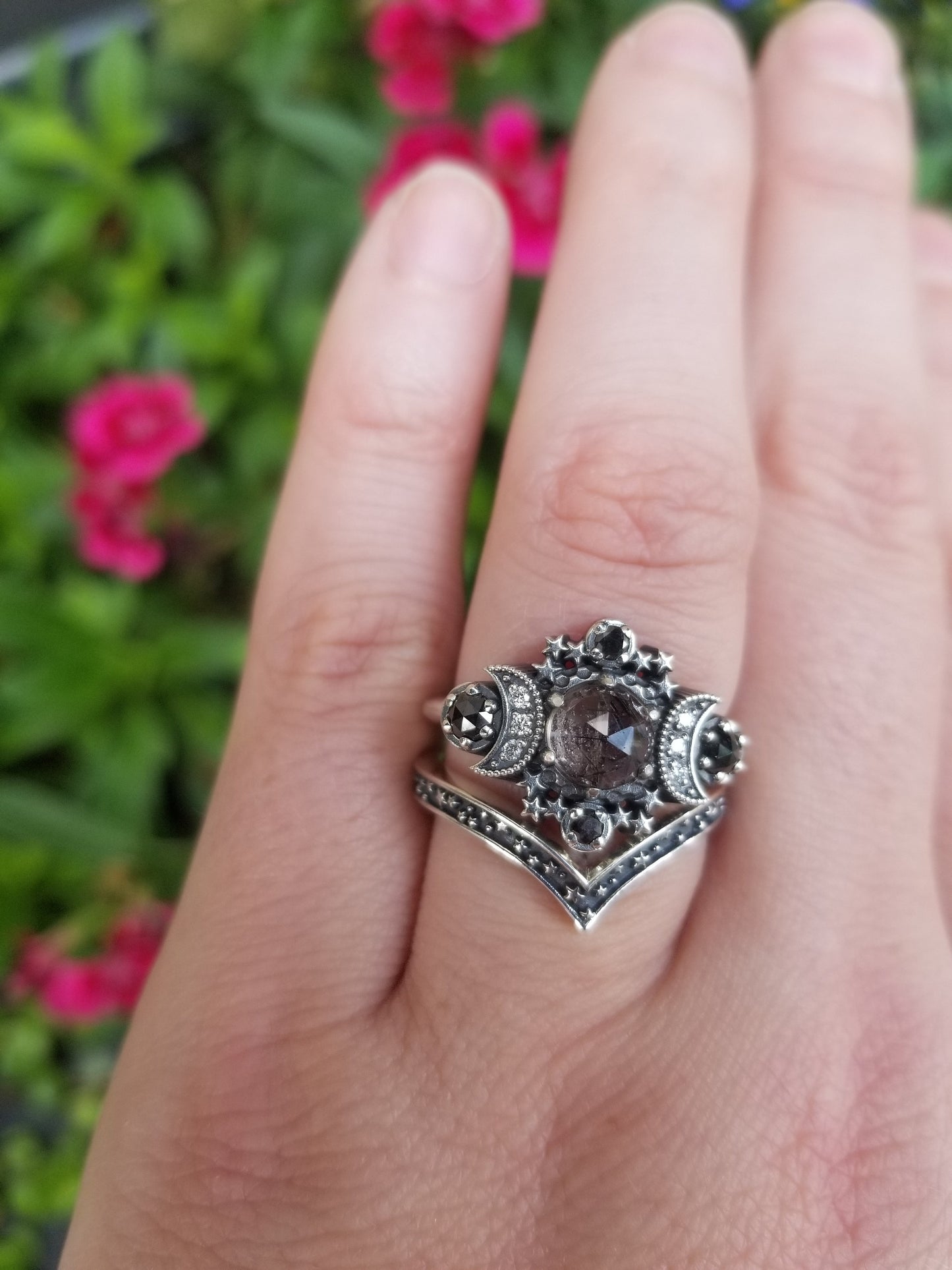 Rose Cut Black Rutile Quartz Cosmos Moon Engagement Ring Set - Sterling Silver with Black & White Diamonds