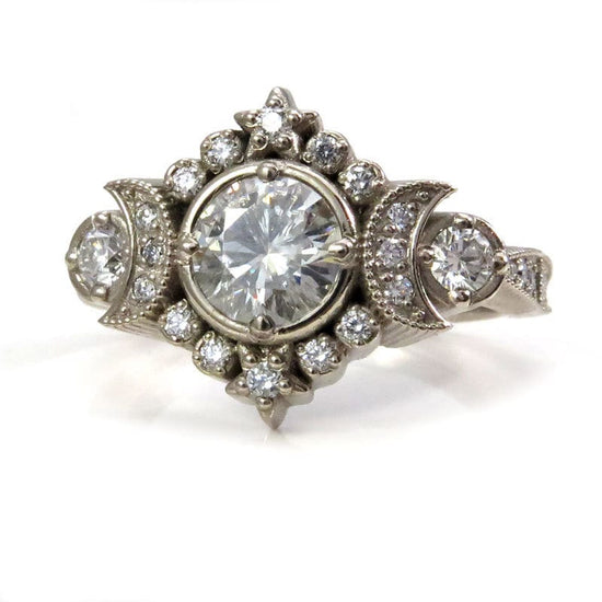 Selene Moon Goddess Engagement Ring - Lab Diamond, Sapphire, Moissanite or Galaxy Diamond Lunar Boho Wedding Ring -14k Palladium White Gold