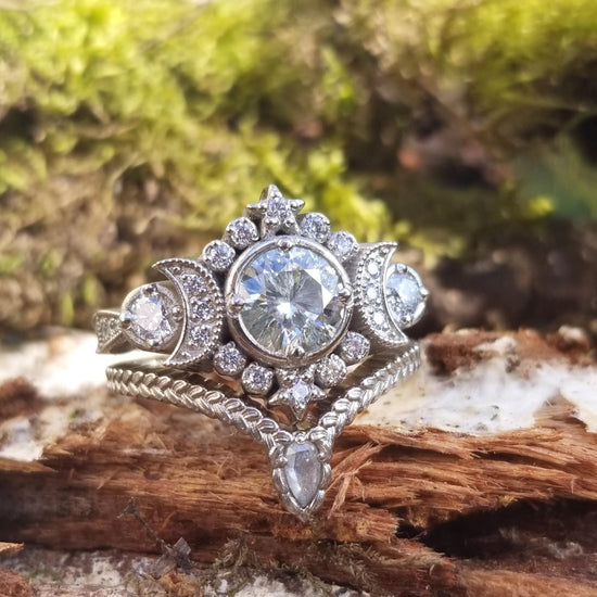 Selene Moon Goddess Engagement Ring - Moissanite or Galaxy Diamond Lunar Boho Wedding Ring -14k Palladium White Gold