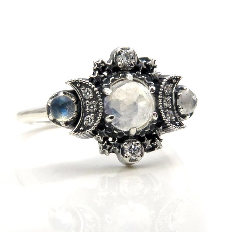 Load image into Gallery viewer, Rose Cut Moonstone Cosmos Moon and Star Ring - Sterling Silver with White Diamonds - Boho Celestial Engagement
