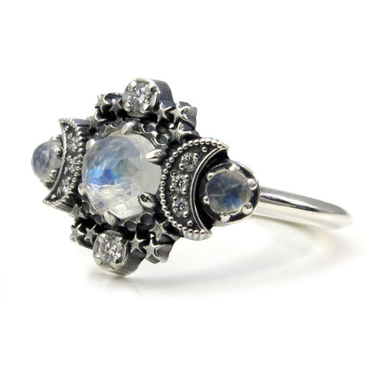 Load image into Gallery viewer, Rose Cut Moonstone Cosmos Moon and Star Ring - Sterling Silver with White Diamonds - Boho Celestial Engagement
