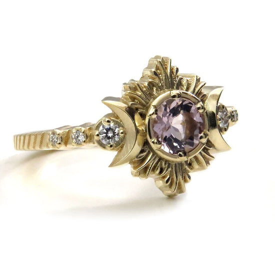 Load image into Gallery viewer, Morganite Moon Fire Lunar Engagement Ring with White Diamonds - 14k Gold Celestial Jewelry

