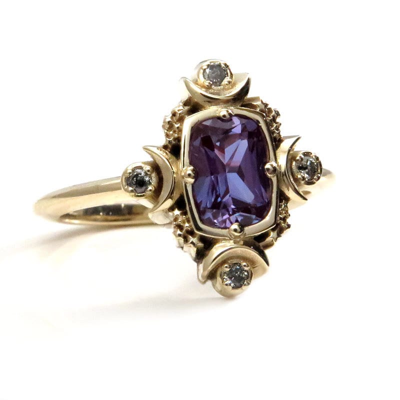 Artemis Moon Engagement Ring with Chatham Alexandrite Cushion and Salt & Pepper Diamonds - Goddess Engagement
