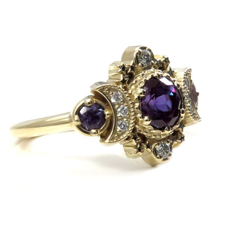 Alexandrite and Natural Diamond Cosmos Gothic Engagement Ring - 14k Yellow Gold - Nature Inspired Bohemian Jewelry - June Birthstone