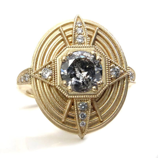 Load image into Gallery viewer, Ready to Ship Size 6 - 8 - Art Deco Compass Rose Ring with Salt &amp;amp; Pepper Diamond Center and White Diamonds - Sandblasted 14k Yellow Gold
