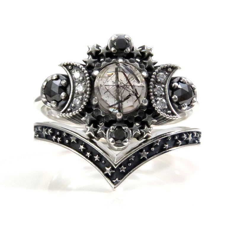 Rose Cut Black Rutile Quartz Cosmos Moon Engagement Ring Set - Sterling Silver with Black & White Diamonds