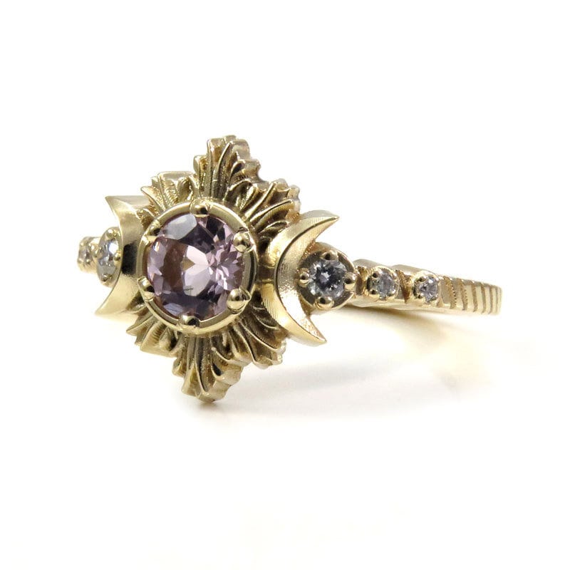 Load image into Gallery viewer, Morganite Moon Fire Lunar Engagement Ring with White Diamonds - 14k Gold Celestial Jewelry
