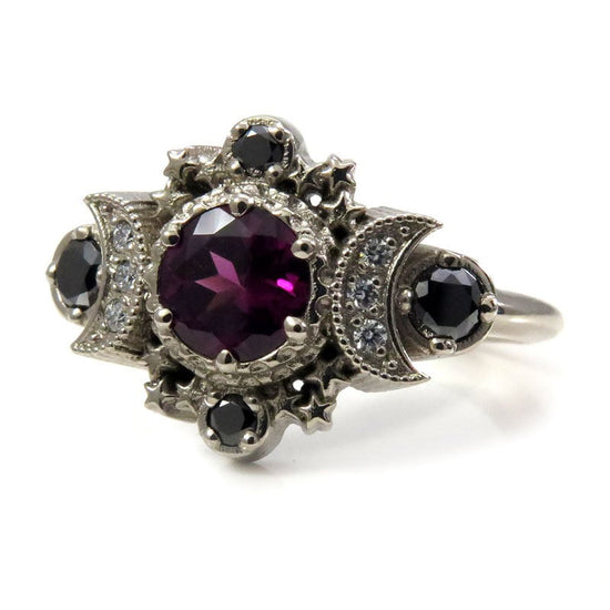 Rhodolite Garnet & Black and White Diamond Cosmos Moon Engagement Ring - Gothic Engagement Ring