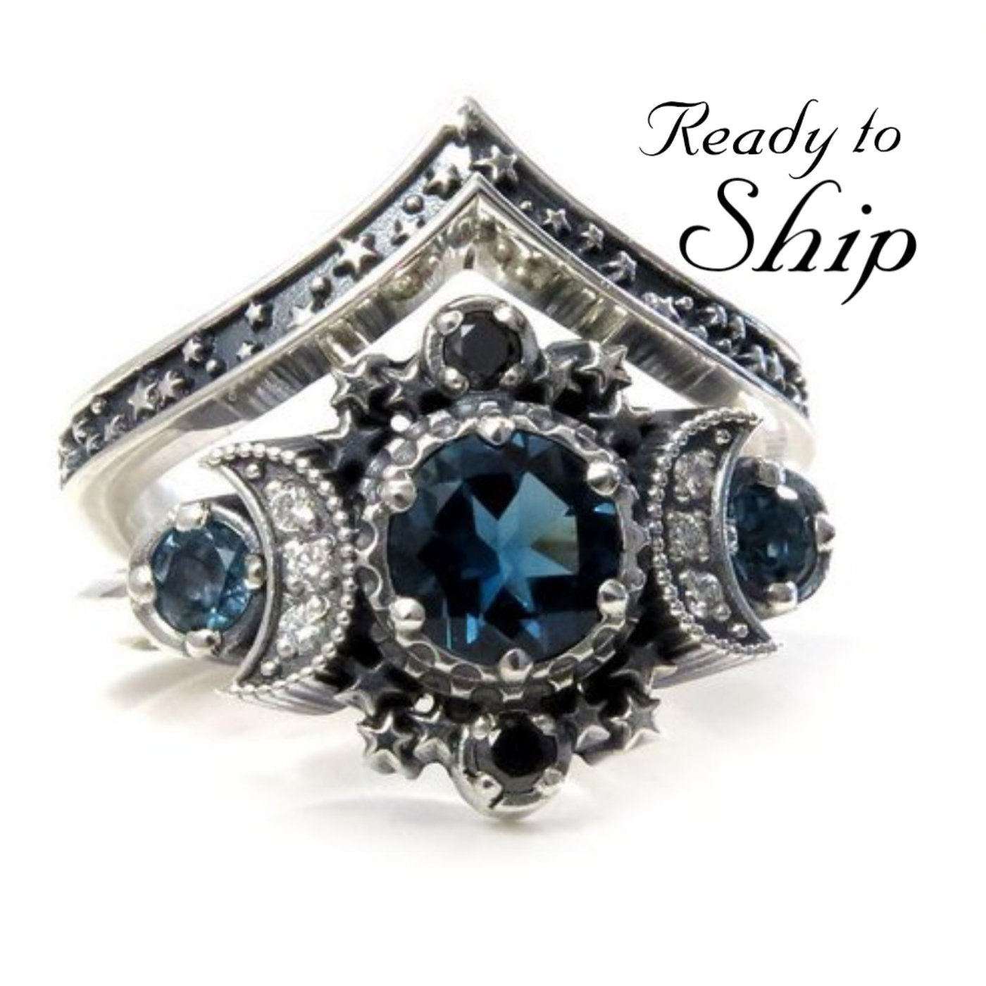 Ready to Ship Size 6 - 8 - London Blue Topaz Cosmos Moon Engagement Ring Set Triple Moon Goddess Silver Ring with Stardust Chevron Band