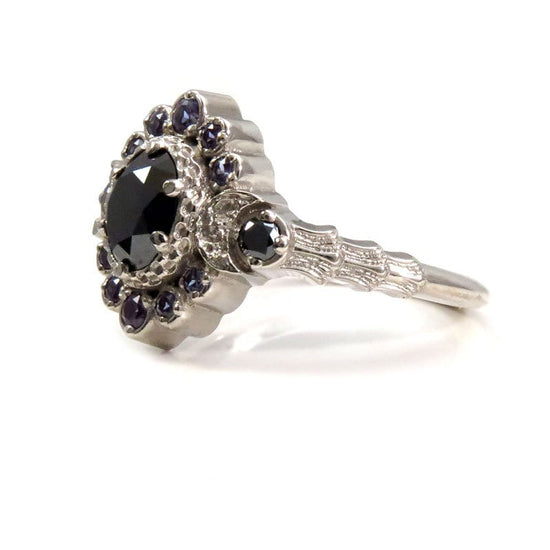 Ready to Ship Size 6 - 8 - Moon Wave Oval Halo Celestial Engagement Ring - Black Diamonds with Chatham Alexandrite Accents