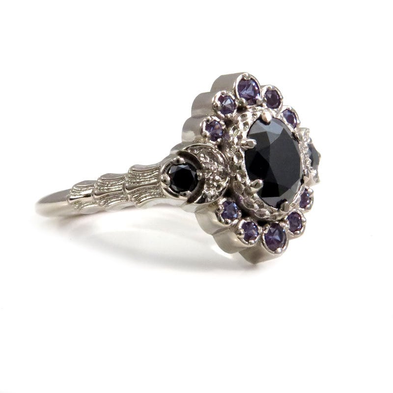 Ready to Ship Size 6 - 8 - Moon Wave Oval Halo Celestial Engagement Ring - Black Diamonds with Chatham Alexandrite Accents