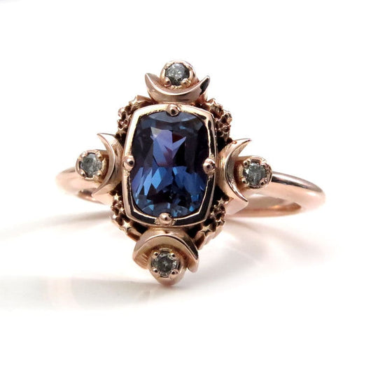 Load image into Gallery viewer, Artemis Moon Engagement Ring with Chatham Alexandrite Cushion and Salt &amp;amp; Pepper Diamonds - Goddess Engagement

