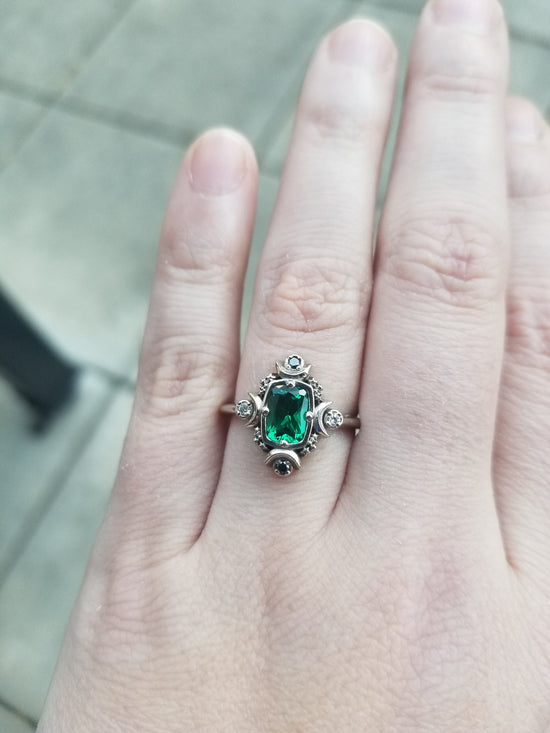 Load image into Gallery viewer, Artemis Moon Engagement Ring with Chatham Emerald Cushion and Black &amp;amp; White Diamonds - Lunar Engagement
