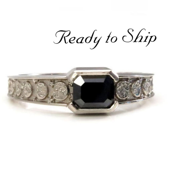 Ready to Ship Size 7 - 7.25 - Black Diamond Emerald Cut Moon Phase Solitaire Ring - 14k Palladium White Gold