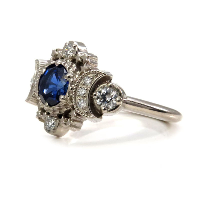 Chatham Sapphire Cosmos Moon Phase Engagement Ring - 14k Gold and Diamonds Celestial Jewelry