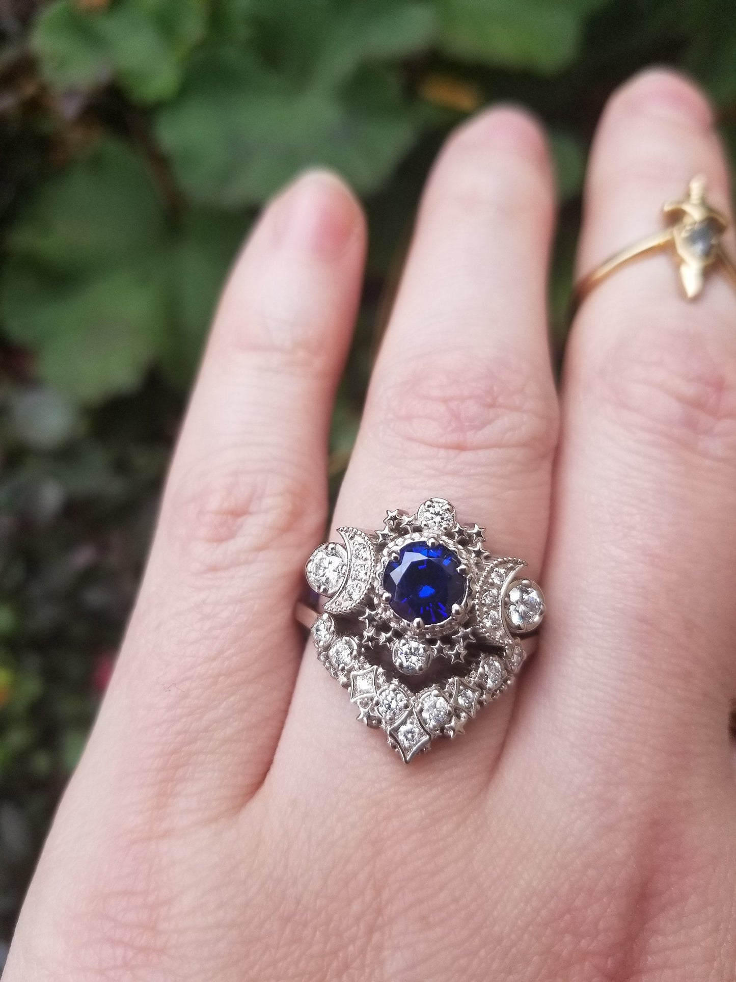 Chatham Sapphire and Diamond Cosmos Engagement Ring Set - Moon Engagement Ring with Stardust Wedding Band