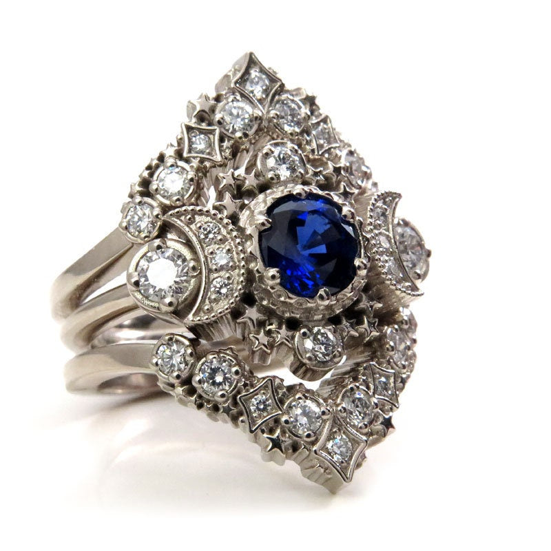 Load image into Gallery viewer, Cosmos Constellation Engagement Ring Set - Chatham Sapphire &amp;amp; Diamonds Celestial Wedding Set - 14k Gold
