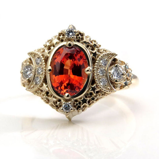 Load image into Gallery viewer, Oval Starseed Engagement Ring - Chatham Padparadscha Sapphire and Diamonds - Handmade Gold Jewelry
