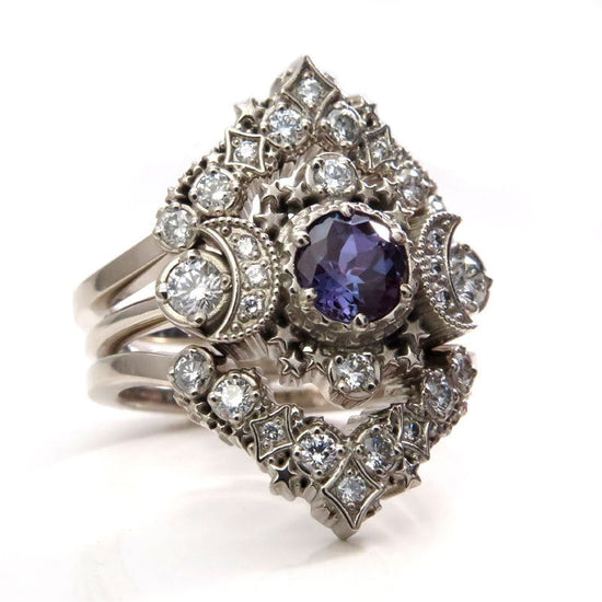 Cosmos Lunar Engagement Ring Set - Chatham Alexandrite & Natural Diamonds Moon and Stardust Boho Bridal Wedding 3 Piece Set - 14k White Gold