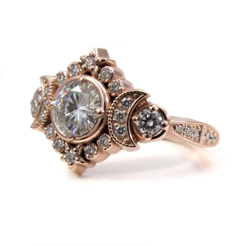 Selene Triple Moon Goddess Engagement Ring - Moissanite or Galaxy Diamond Lunar Boho Wedding Ring -14k Rose Gold