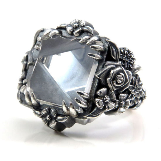 Skull and Posy Gothic Silver Cocktail Ring with Quartz Pyramid - Spooky Jewelry