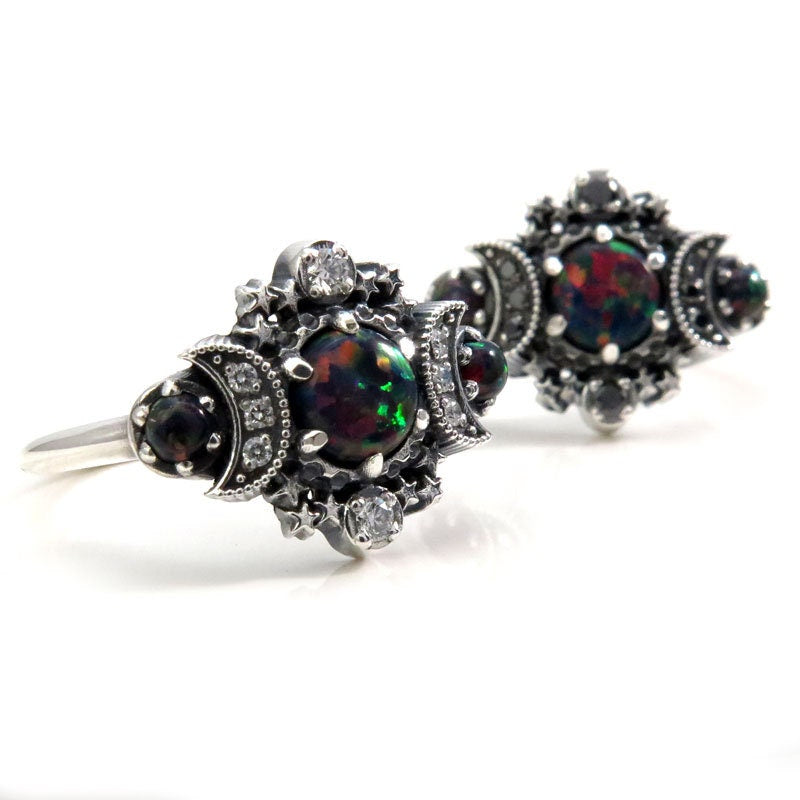 Lab Black Opal Cosmos Moon and Star Ring - Sterling Silver with Black or White Diamonds