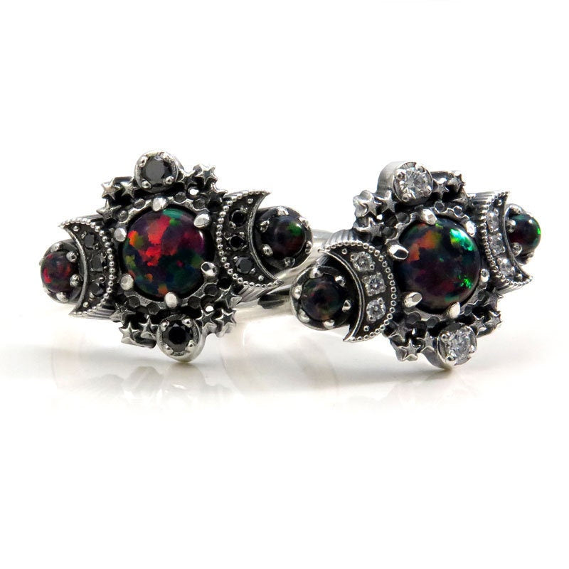 Lab Black Opal Cosmos Moon and Star Ring - Sterling Silver with Black or White Diamonds