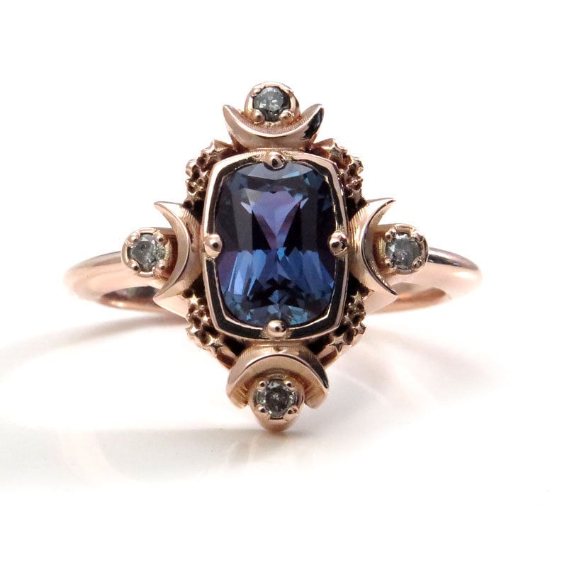 Artemis Moon Engagement Ring with Chatham Alexandrite Cushion and Salt & Pepper Diamonds - Goddess Engagement