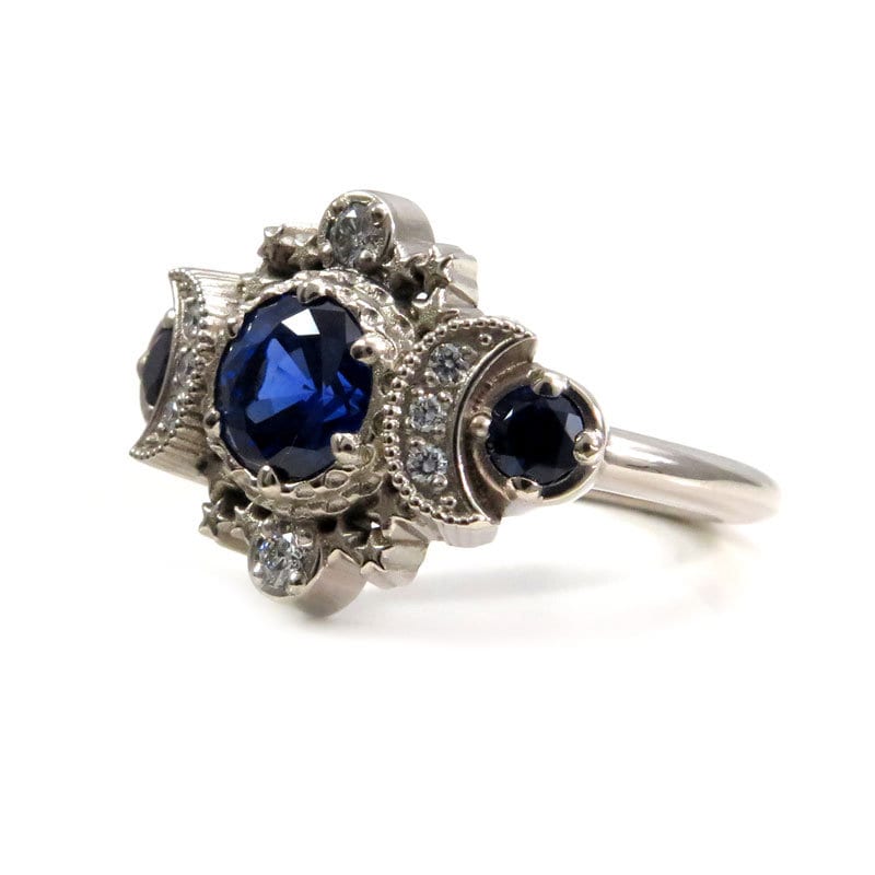 Chatham Sapphire Cosmos Triple Moon Engagement Ring - 14k Gold and Diamonds